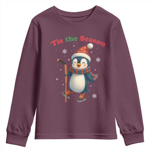 Cute Penguin Tis The Season Youth Sweatshirt Funny Christmas Gift For Holiday Fans TS12 Maroon Print Your Wear