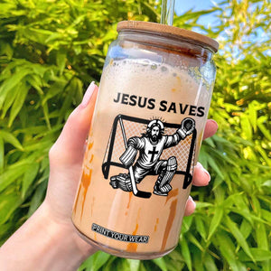 Funny Religious Ice Hockey Goalie Gift Glass Can Jesus Saves TS12 White Print Your Wear