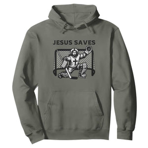 Funny Religious Ice Hockey Goalie Gift Hoodie Jesus Saves TS12 Military Green Print Your Wear