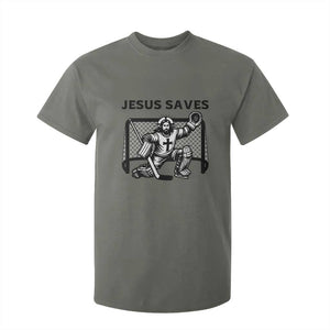 Funny Religious Ice Hockey Goalie Gift T Shirt For Kid Jesus Saves TS12 Military Green Print Your Wear