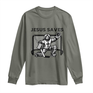 Funny Religious Ice Hockey Goalie Gift Long Sleeve Shirt Jesus Saves TS12 Military Green Print Your Wear