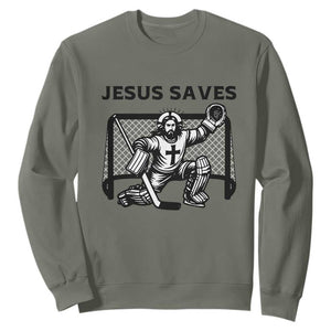 Funny Religious Ice Hockey Goalie Gift Sweatshirt Jesus Saves TS12 Military Green Print Your Wear