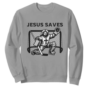 Funny Religious Ice Hockey Goalie Gift Sweatshirt Jesus Saves TS12 Sport Gray Print Your Wear