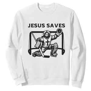 Funny Religious Ice Hockey Goalie Gift Sweatshirt Jesus Saves TS12 White Print Your Wear