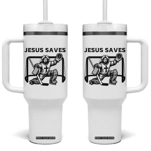 Funny Religious Ice Hockey Goalie Gift Tumbler With Handle Jesus Saves TS12 One Size: 40 oz White Print Your Wear