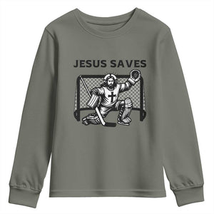Funny Religious Ice Hockey Goalie Gift Youth Sweatshirt Jesus Saves TS12 Military Green Print Your Wear