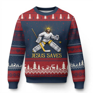 Jesus Saves Ugly Christmas Sweater Funny Christian Ice Hockey Goalie Gift TS12 Navy Red Print Your Wear