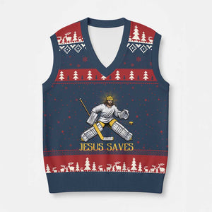 Jesus Saves V-Neck Knit Sweater Vest Funny Christian Ice Hockey Goalie Gift TS12 Navy Red Print Your Wear