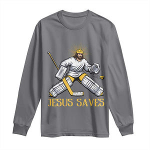 Jesus Saves Long Sleeve Shirt Funny Christian Ice Hockey Goalie Gift TS12 Charcoal Print Your Wear