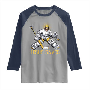 Jesus Saves Raglan Shirt Funny Christian Ice Hockey Goalie Gift TS12 Sport Gray Navy Print Your Wear