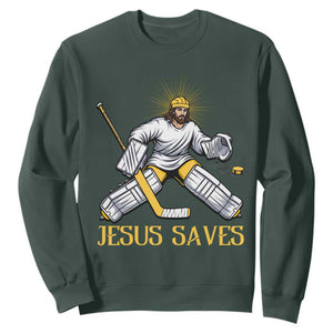 Jesus Saves Sweatshirt Funny Christian Ice Hockey Goalie Gift TS12 Dark Forest Green Print Your Wear