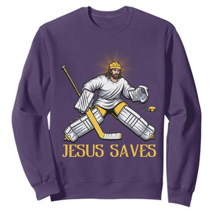 Jesus Saves Sweatshirt Funny Christian Ice Hockey Goalie Gift TS12 Purple Print Your Wear