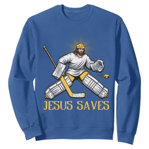 Jesus Saves Sweatshirt Funny Christian Ice Hockey Goalie Gift TS12 Royal Blue Print Your Wear