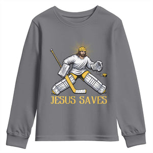 Jesus Saves Youth Sweatshirt Funny Christian Ice Hockey Goalie Gift TS12 Charcoal Print Your Wear