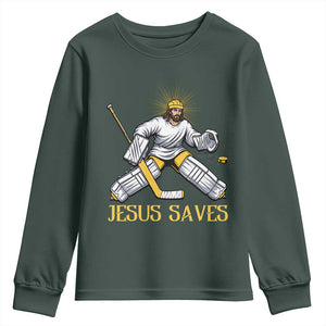 Jesus Saves Youth Sweatshirt Funny Christian Ice Hockey Goalie Gift TS12 Dark Forest Green Print Your Wear