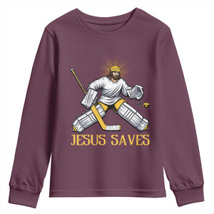 Jesus Saves Youth Sweatshirt Funny Christian Ice Hockey Goalie Gift TS12 Maroon Print Your Wear