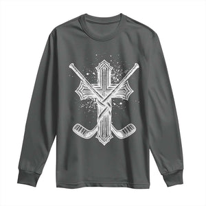 Faith Family Hockey Cross Long Sleeve Shirt Religious Ice Hockey Lover Gift TS12 Dark Heather Print Your Wear