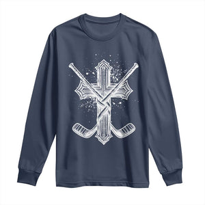 Faith Family Hockey Cross Long Sleeve Shirt Religious Ice Hockey Lover Gift TS12 Navy Print Your Wear