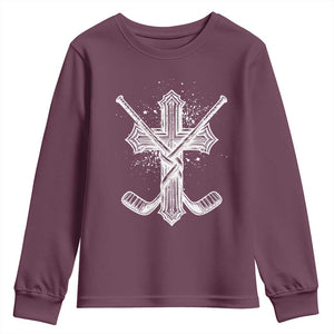 Faith Family Hockey Cross Youth Sweatshirt Religious Ice Hockey Lover Gift TS12 Maroon Print Your Wear