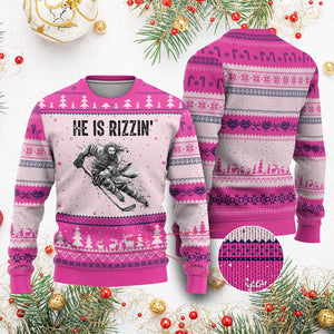 Funny Christian Ice Hockey Lover Gift Ugly Christmas Sweater He Is Rizzin TS12 Hot Pink Print Your Wear
