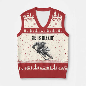 Funny Christian Ice Hockey Lover Gift V-Neck Knit Sweater Vest He Is Rizzin TS12 Beige Red Print Your Wear