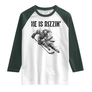 Funny Christian Ice Hockey Lover Gift Raglan Shirt He Is Rizzin TS12 White Dark Forest Green Print Your Wear