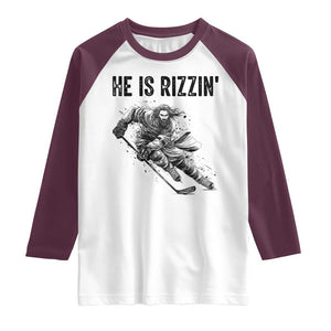 Funny Christian Ice Hockey Lover Gift Raglan Shirt He Is Rizzin TS12 White Maroon Print Your Wear