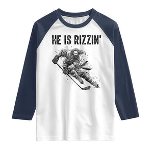 Funny Christian Ice Hockey Lover Gift Raglan Shirt He Is Rizzin TS12 White Navy Print Your Wear
