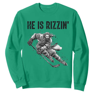 Funny Christian Ice Hockey Lover Gift Sweatshirt He Is Rizzin TS12 Irish Green Print Your Wear