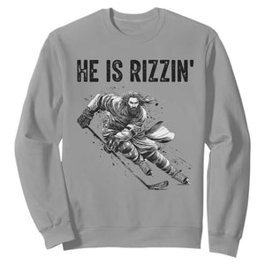 Funny Christian Ice Hockey Lover Gift Sweatshirt He Is Rizzin TS12 Sport Gray Print Your Wear