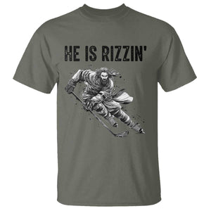 Funny Christian Ice Hockey Lover Gift T Shirt He Is Rizzin TS12 Military Green Print Your Wear