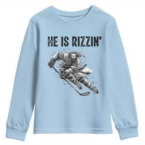 Funny Christian Ice Hockey Lover Gift Youth Sweatshirt He Is Rizzin TS12 Light Blue Print Your Wear