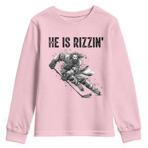 Funny Christian Ice Hockey Lover Gift Youth Sweatshirt He Is Rizzin TS12 Light Pink Print Your Wear