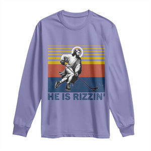 He Is Rizzin Long Sleeve Shirt Christian Hockey Retro Funny Gift For Believers TS12 Violet Print Your Wear