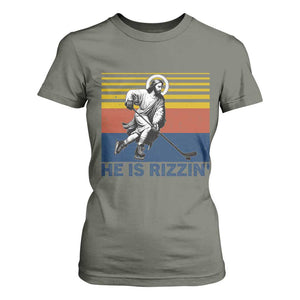 He Is Rizzin T Shirt For Women Christian Hockey Retro Funny Gift For Believers TS12 Military Green Print Your Wear