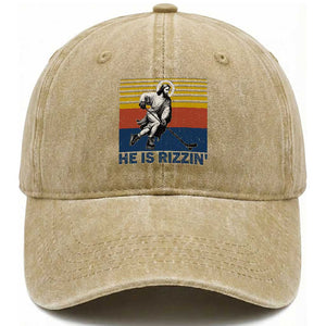 He Is Rizzin Washed Cotton Baseball Cap Christian Hockey Retro Funny Gift For Believers TS12 Print Your Wear