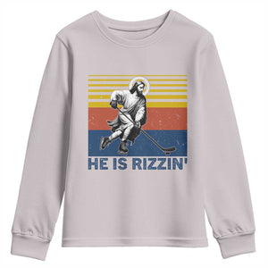 He Is Rizzin Youth Sweatshirt Christian Hockey Retro Funny Gift For Believers TS12 Ice Gray Print Your Wear
