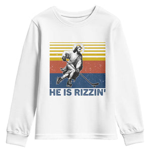 He Is Rizzin Youth Sweatshirt Christian Hockey Retro Funny Gift For Believers TS12 White Print Your Wear