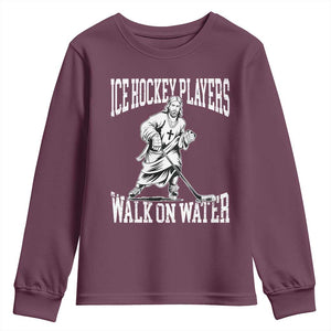 Jesus Ice Hockey Players Walk On Water Youth Sweatshirt Funny Christian Gift TS12 Maroon Print Your Wear