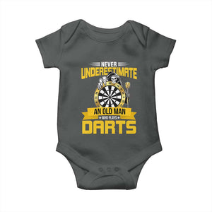 Never Underestimate An Old Man Plays Darts Baby Onesie Funny Dartist Grim Reaper Gift TS12 Dark Heather Print Your Wear