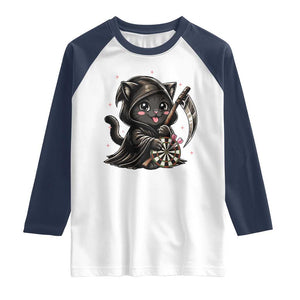 Dark Reaper Cat Throwing Darts Raglan Shirt Funny Pub Game Gift TS12 White Navy Print Your Wear
