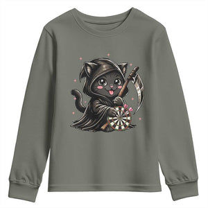 Dark Reaper Cat Throwing Darts Youth Sweatshirt Funny Pub Game Gift TS12 Military Green Print Your Wear