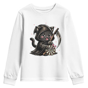 Dark Reaper Cat Throwing Darts Youth Sweatshirt Funny Pub Game Gift - Print Your Wear