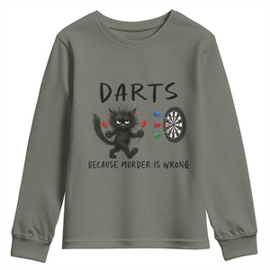 Funny Grumpy Cat Dart Player Youth Sweatshirt Because Murder Is Wrong Pub Game Gift TS12 Military Green Print Your Wear