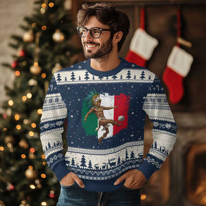 Aztec Warrior Playing Soccer Ugly Christmas Sweater Mexican Pride Football Fan Gift TS12 Navy Beige Print Your Wear