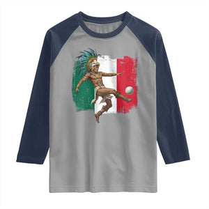 Aztec Warrior Playing Soccer Raglan Shirt Mexican Pride Football Fan Gift TS12 Sport Gray Navy Print Your Wear