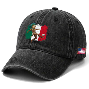 Aztec Warrior Playing Soccer Washed Cotton Baseball Cap Mexican Pride Football Fan Gift TS12 Print Your Wear