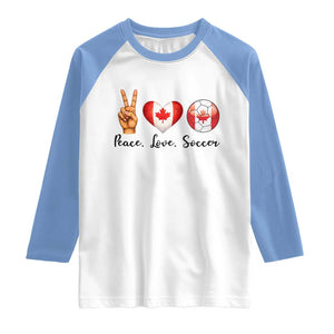 Peace Love Soccer Raglan Shirt Proud Canadian Fan Gift TS12 White Carolina Blue Print Your Wear