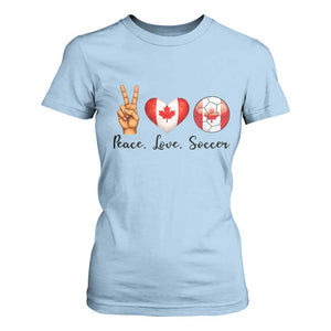 Peace Love Soccer T Shirt For Women Proud Canadian Fan Gift TS12 Light Blue Print Your Wear