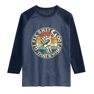 Vintage Skeleton Wrench Graphic Raglan Shirt I Fix Shit Thats What I Do TS12 Heather Denim Navy Print Your Wear